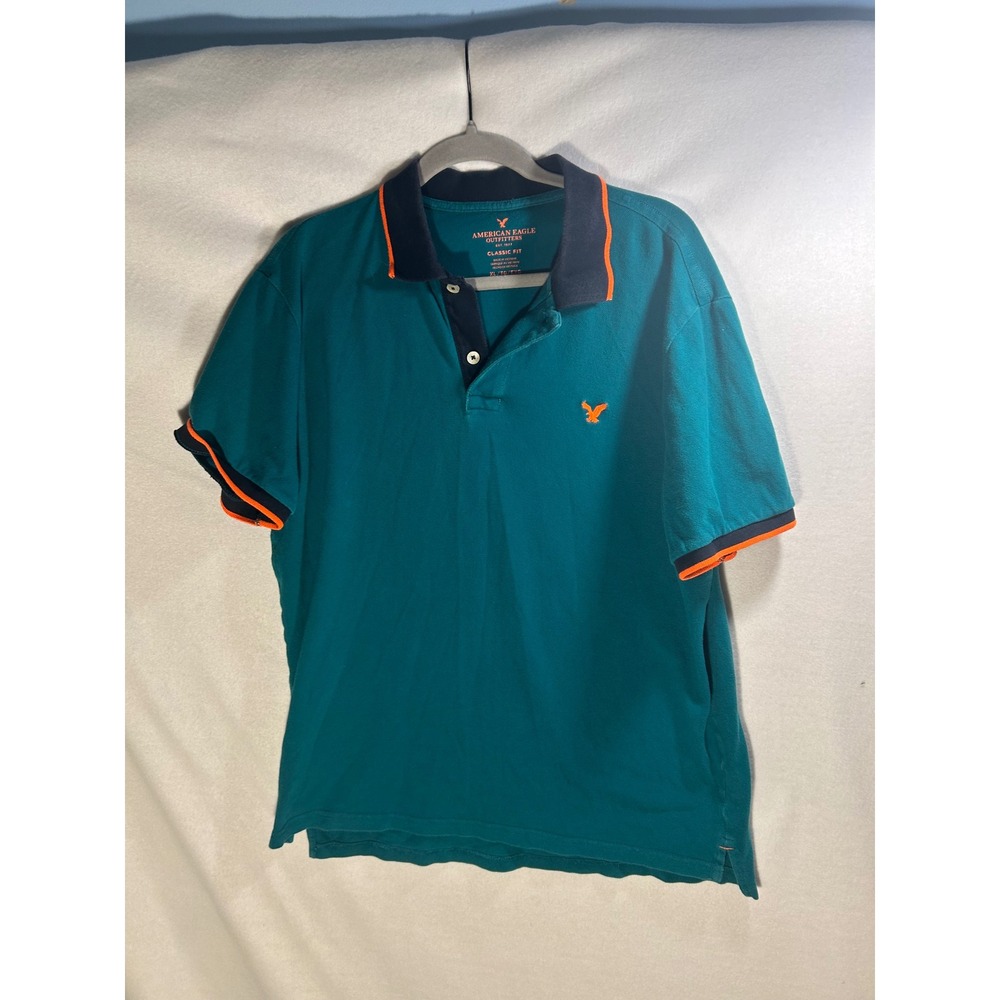 American Eagle Outfitters Mens Classic Fit Polo Shirt Teal‎ Green Orange Logo XL